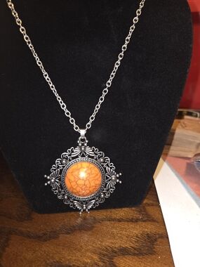 Orange Stone Filigree Pendant Necklace - Women Jewelry